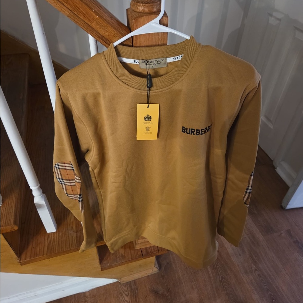 Burberry Men’s Camel Crewneck Sweater with Check Elbow Patches